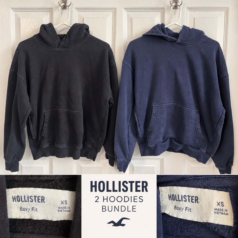 Hollister Men's XS Boxy Fit Hoodie Bundle Black & Navy Blue Pullover Sweatshirts